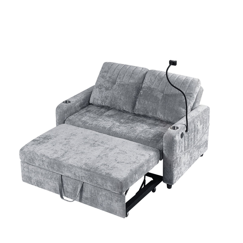 Modern Loveseat Pull Out Sofa Bed With Adjustable Backrest, Two Cup Holders, A Phone Holder, Three Charging Ports And Side Storage Pockets For Living Room