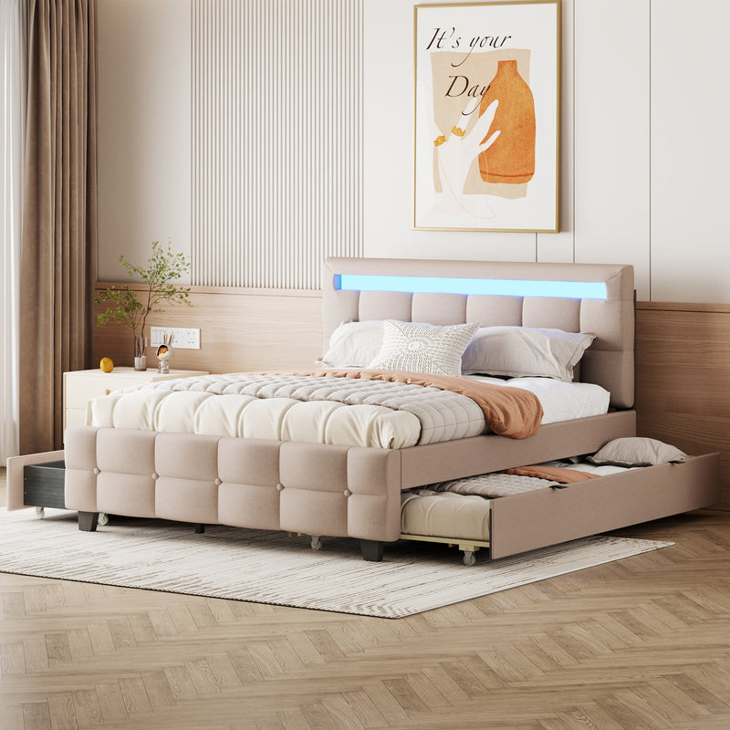 Queen Size Upholstered Platform Bed with LED Frame, with Twin XL Size Trundle and 2 drawers, Linen Fabric, Beige