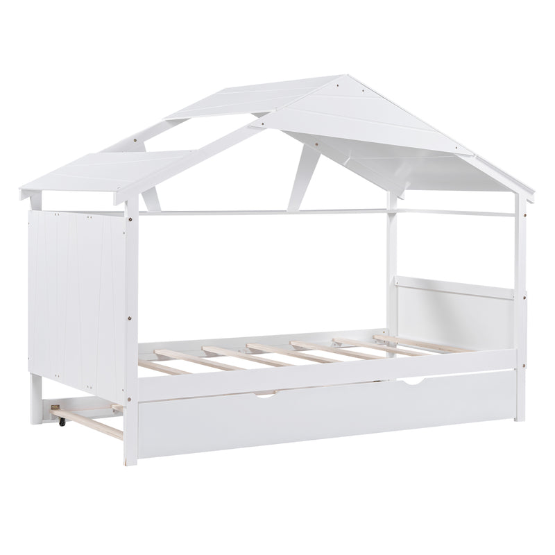 Wood Twin Size House Bed with Trundle and Storage, White