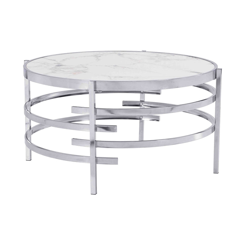 32.48'' Chrome Round Coffee Table With Sintered Stone Top & Sturdy Metal Frame, Modern Coffee Table For Living Room - Silver