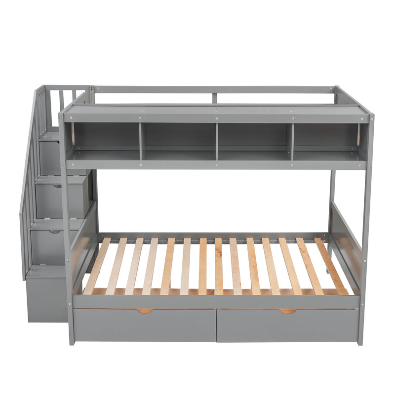 Twin over Full Bunk Bed with Shelfs, Storage Staircase and 2 Drawers, Gray