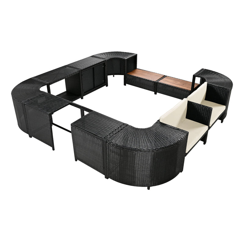 Spa Surround Spa Frame Quadrilateral Outdoor Rattan Sectional Sofa Set With Mini Sofa, Wooden Seats And Storage Spaces