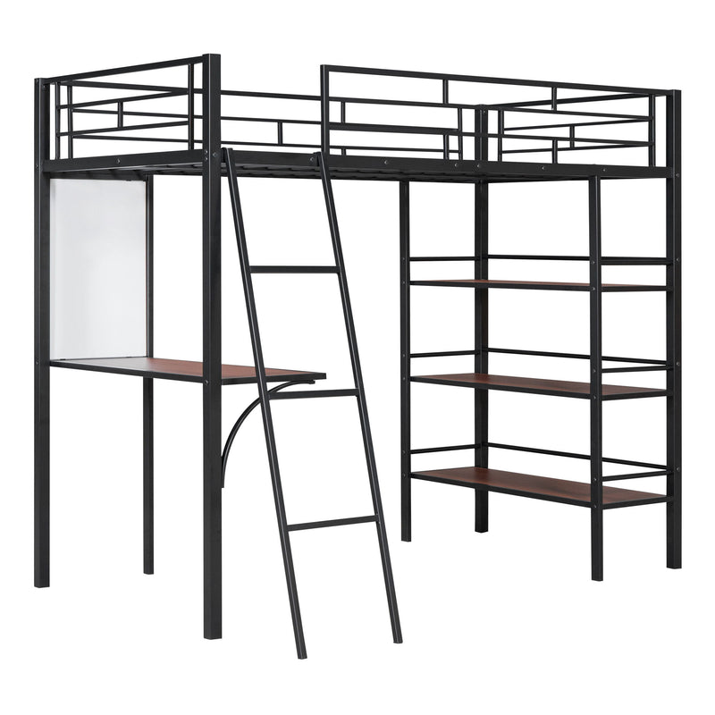 Loft Metal Bed With 3 Layers Of Shelves And Desk, Stylish Metal Frame Bed With Whiteboard