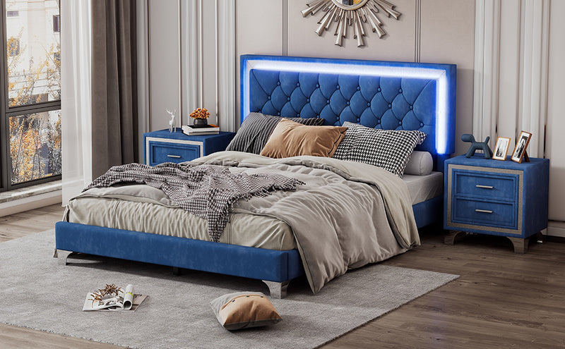 Queen Size Upholstered Bed Frame with LED Lights,Modern Velvet Platform Bed with Tufted Headboard,Blue