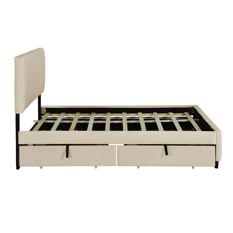 Queen Size Velvet Upholstered Platform Bed with 2 Drawers and 1 Twin XL Trundle- Beige