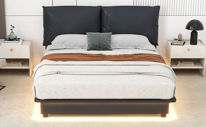 Queen Size Upholstered Platform Bed with Sensor Light and Ergonomic Design Backrests, Black