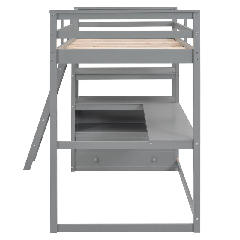 Twin Size Loft Bed with Desk and Shelves, Two Built-in Drawers, Gray(Old SKU: GX000423AAE)