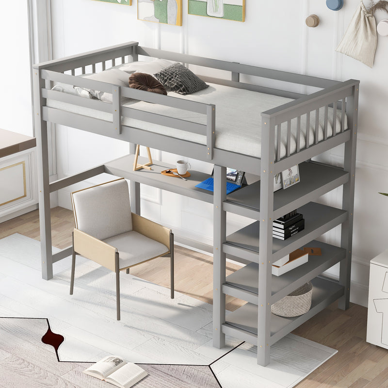 Twin Size Loft Bed with Storage Shelves and Under-bed Desk, Gray(OLD SKU:SM000245AAE-1)