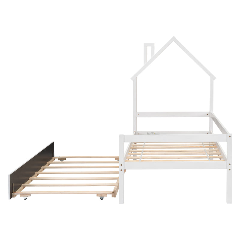 Twin House Wooden Daybed with trundle, Twin House-Shaped Headboard  bed with Guardrails,White