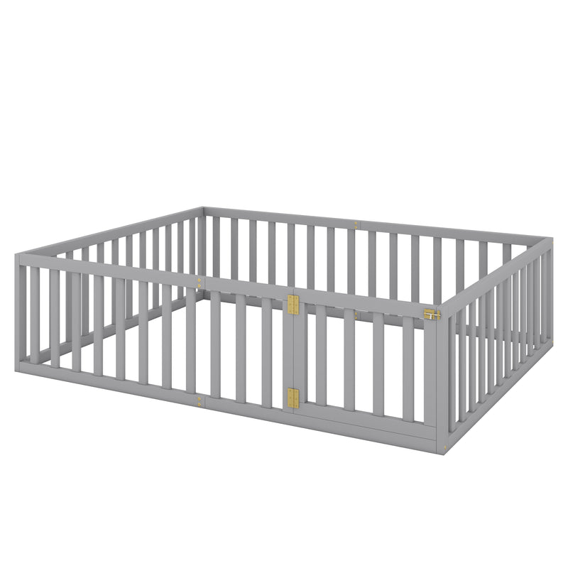 Queen Size Wood Floor Bed Frame with Fence and Door, Gray(OLD SKU:WF289663AAE)