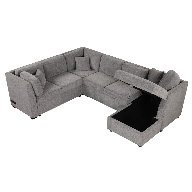 U-Shaped Sectional Sofa Pull Out Sofa Bed With Two USB Ports, Two Power Sockets, Three Back Pillows And A Storage Chaise For Living Room