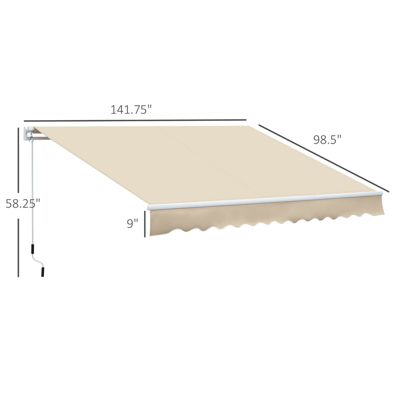 Outsunny - 12' x 8' Retractable Awning Patio Awnings Sun Shade Shelter With Manual Crank Handle, 280G / M² Uv & Water-Resistant Fabric And Aluminum Frame For Deck, Balcony, Yard - Cream White