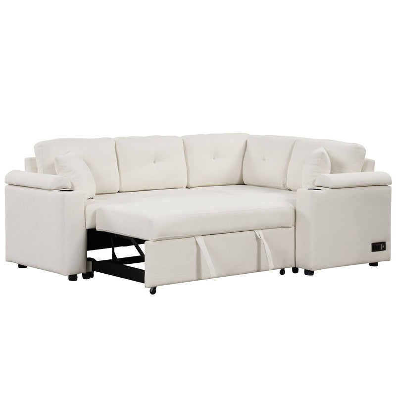 L-Shape Sofa Bed Pull-Out Sleeper Sofa With Wheels, USB Ports, Power Sockets For Living Room