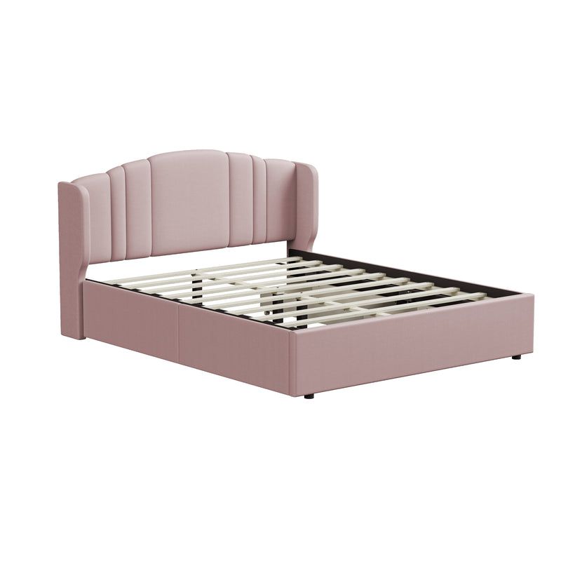 Upholstered Platform Bed with Wingback Headboard and 4 Drawers, No Box Spring Needed, Linen Fabric, Queen Size Pink