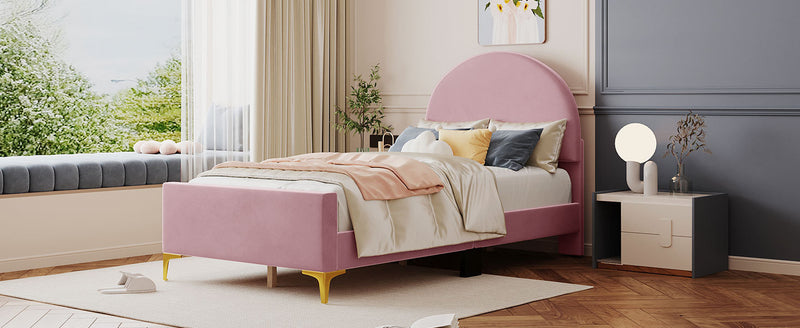 Twin Size Upholstered Platform Bed with Classic Semi-circle Shaped headboard and Mental Legs, Velvet, Pink