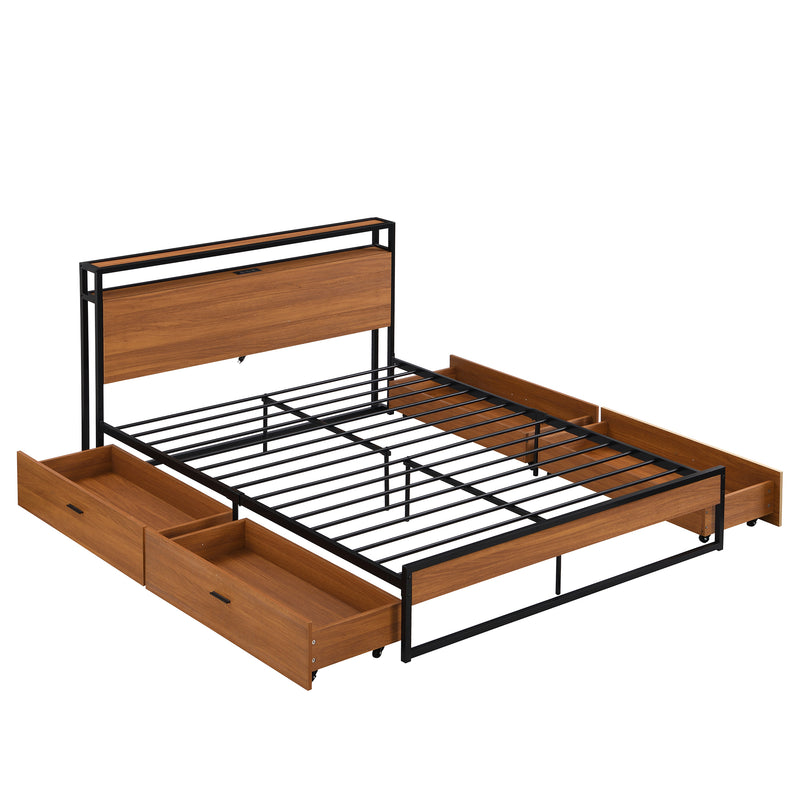 Queen Size Metal Platform Bed Frame with Four Drawers,Sockets and USB Ports ,Slat Support No Box Spring Needed Black