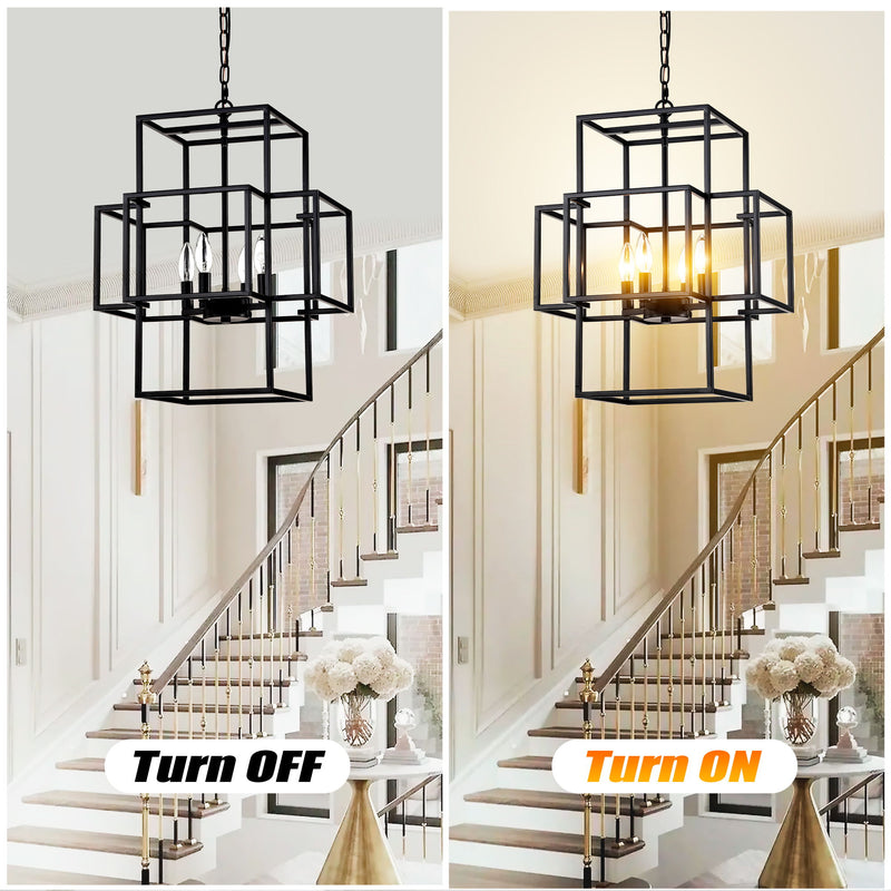 4 Light Metal Lantern Tiered Pendant Hanging Light Fixtures, Industrial Farmhouse Adjustable Height Chandeliers For Dining Room Hallway Foyer Entryway (E12 Bulbs Not Included)