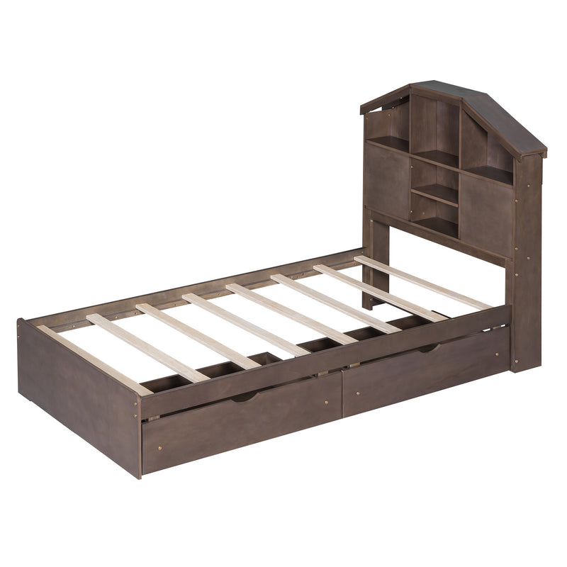 Twin Size Wood Platform Bed with House-shaped Storage Headboard and 2 Drawers, Walnut