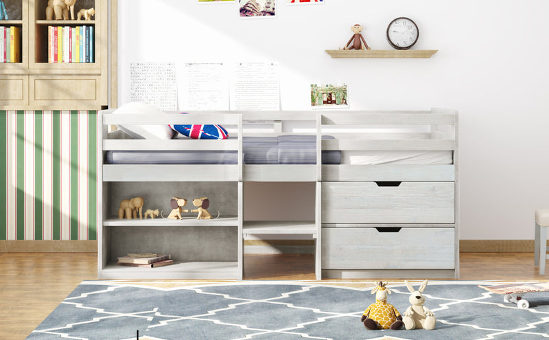 Twin size Loft Bed with Two Shelves and Two drawers (Antique White)