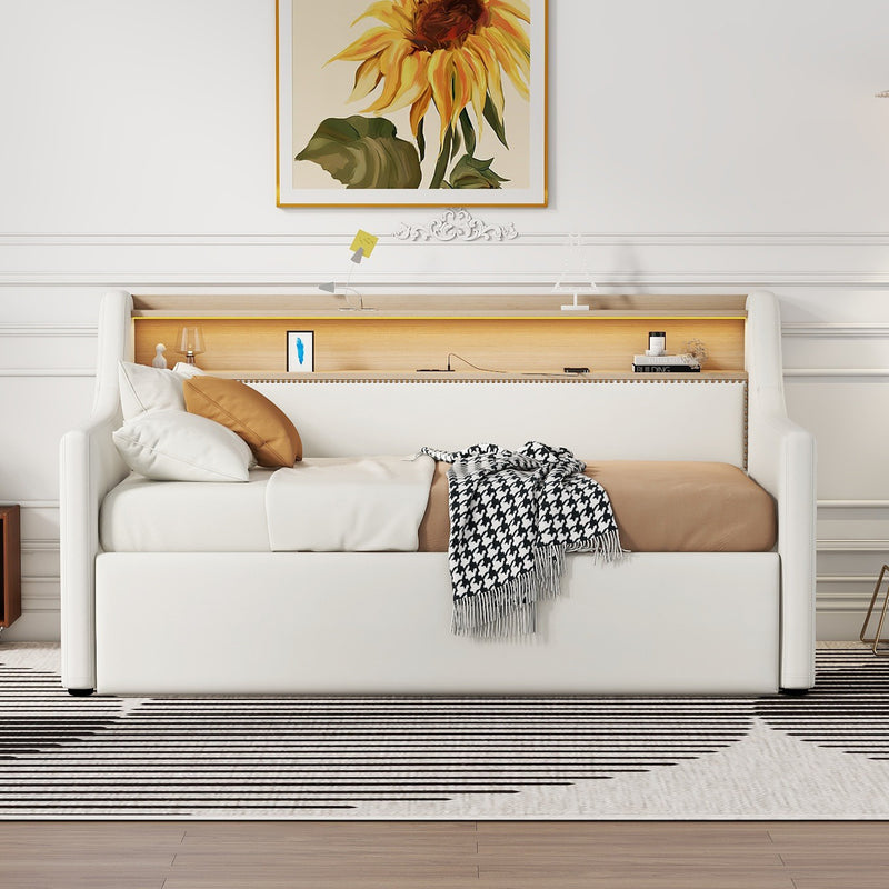 Twin Size Daybed with Hydraulic Storage, Upholstered Daybed with Lift Up Storage, Twin Leather Daybed with Charging Station and LED Lights,White(Expect arrival date Feb.13rd)