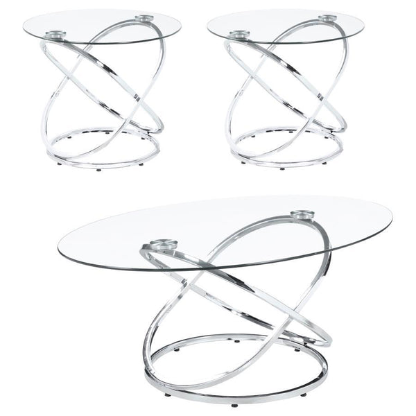 Warren - 3 Piece Oval Glass Top Coffee Table Set - Chrome - Atlantic Fine Furniture Inc