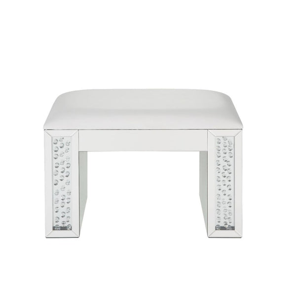 Nysa - Vanity Stool - Ivory PU, Mirrored & Faux Crystals - Atlantic Fine Furniture Inc