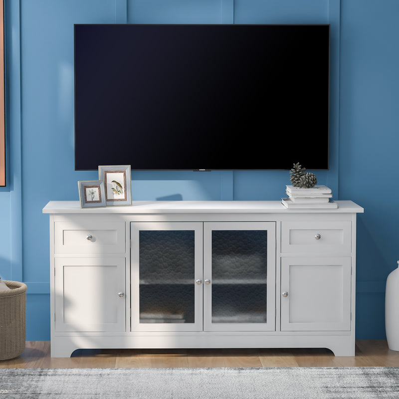 U-Can TV Stand for TV up to 65in with 4 Doors Adjustable Panels Open Style Cabinet, Sideboard for Living room, White