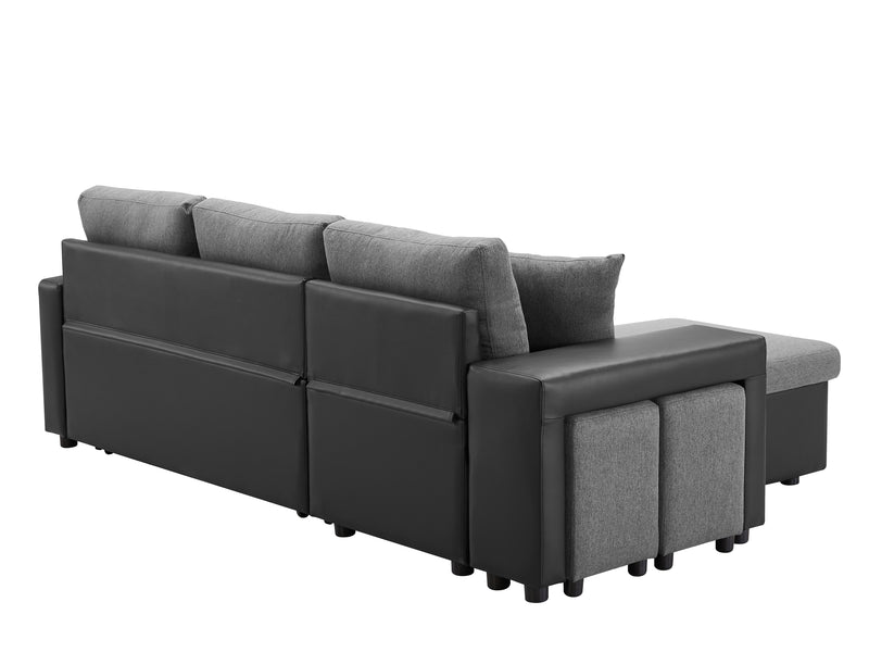 Artemax 92.5“Linen Reversible Sleeper Sectional Sofa with storage and 2 stools Steel Gray