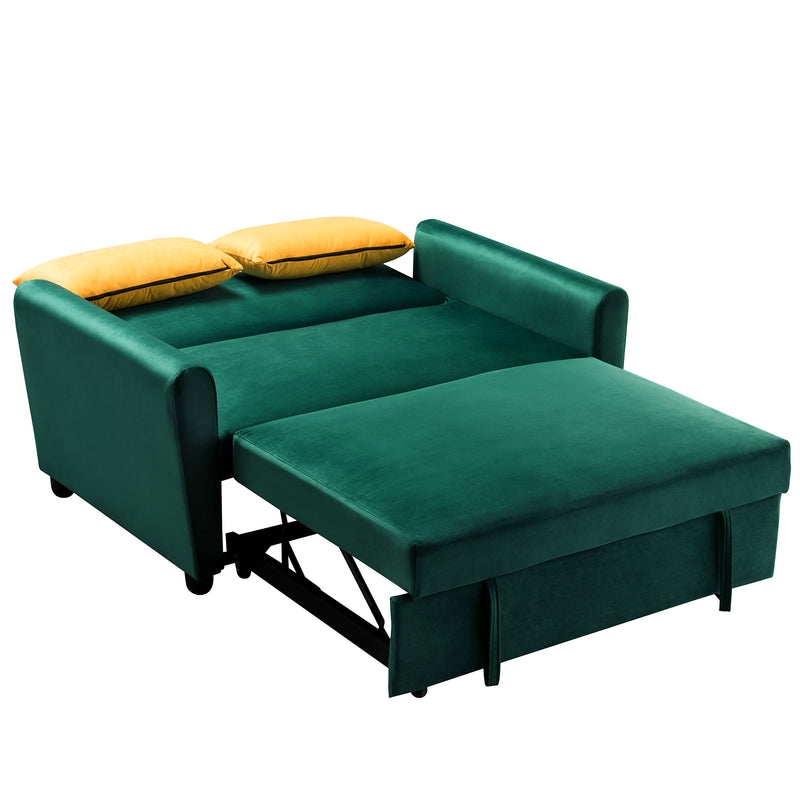 [VIDEO provided]55" Modern Velvet Sofa with Pull-Out Sleeper Bed with 2 Pillows Adjustable Backrest for Small Spaces Green