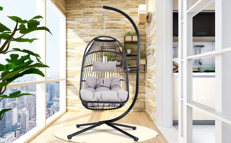 TOPMAX Patio Foldable Swing Chair Porch PE Wicker Egg Hanging Chair Hammock Chair w/Stand and Cushion for Outdoor Balcony Indoor Bedroom, Gray