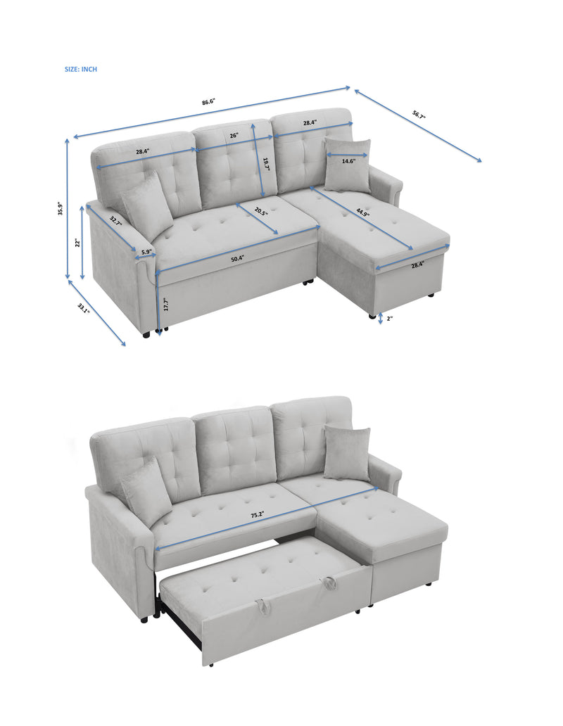 Velvet Reversible Sectional Sofa with Pull Out sleeper, L-Shaped Couch Chaise with Storage For Living Room & Apartment