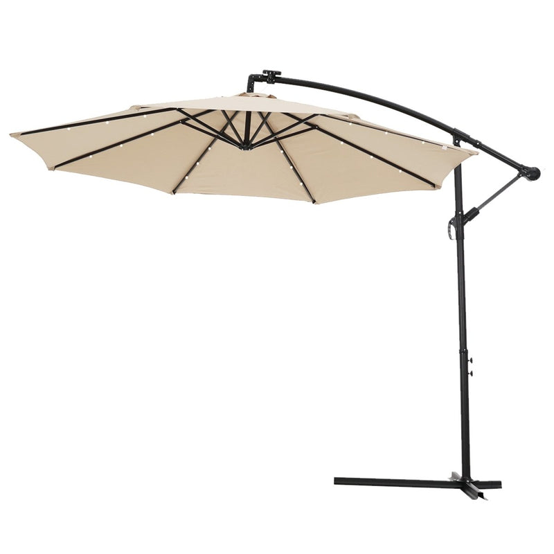 10 FT Solar LED Patio Outdoor Umbrella Hanging Cantilever Umbrella Offset Umbrella Easy Open Adustment with 24 LED Lights - tan Atlantic Fine Furniture Inc