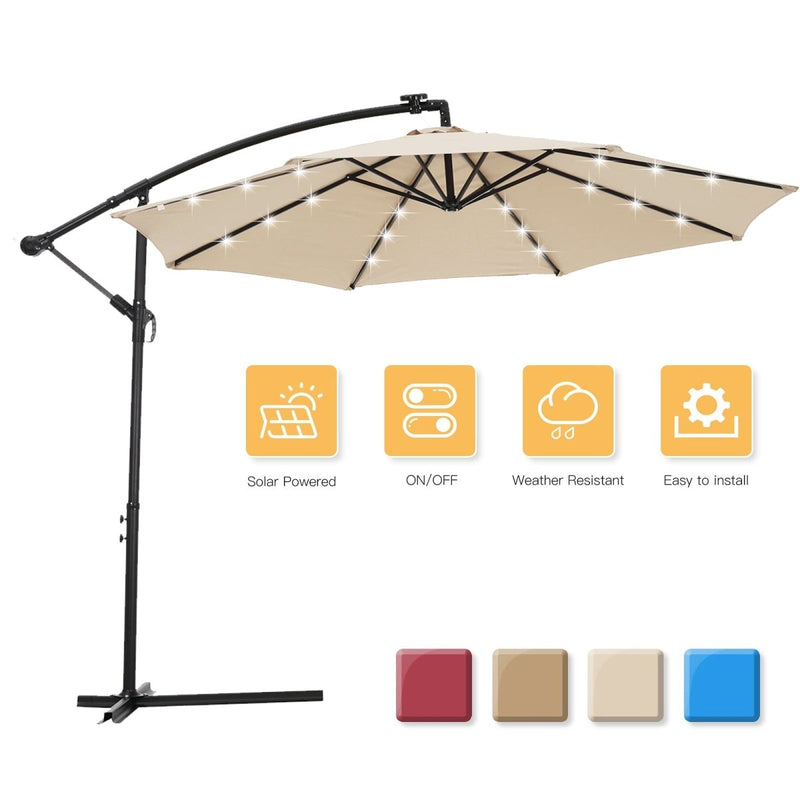 10 FT Solar LED Patio Outdoor Umbrella Hanging Cantilever Umbrella Offset Umbrella Easy Open Adustment with 24 LED Lights - tan Atlantic Fine Furniture Inc