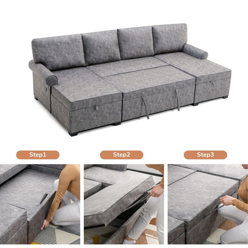 108.75" Sectional U-Shaped Sofa with 2 USB Chargers,2-seat Sofa Bed With Double Storage Chaise longue,Sleeper Independent Used as Coffee Table,Seating Capacity 6 - Atlantic Fine Furniture Inc