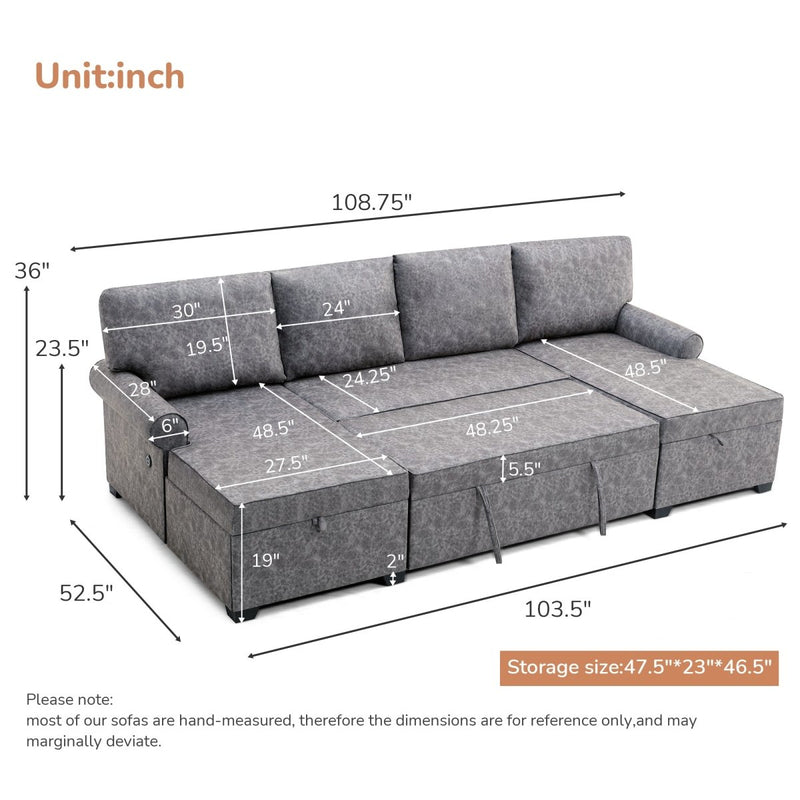 108.75" Sectional U-Shaped Sofa with 2 USB Chargers,2-seat Sofa Bed With Double Storage Chaise longue,Sleeper Independent Used as Coffee Table,Seating Capacity 6 - Atlantic Fine Furniture Inc