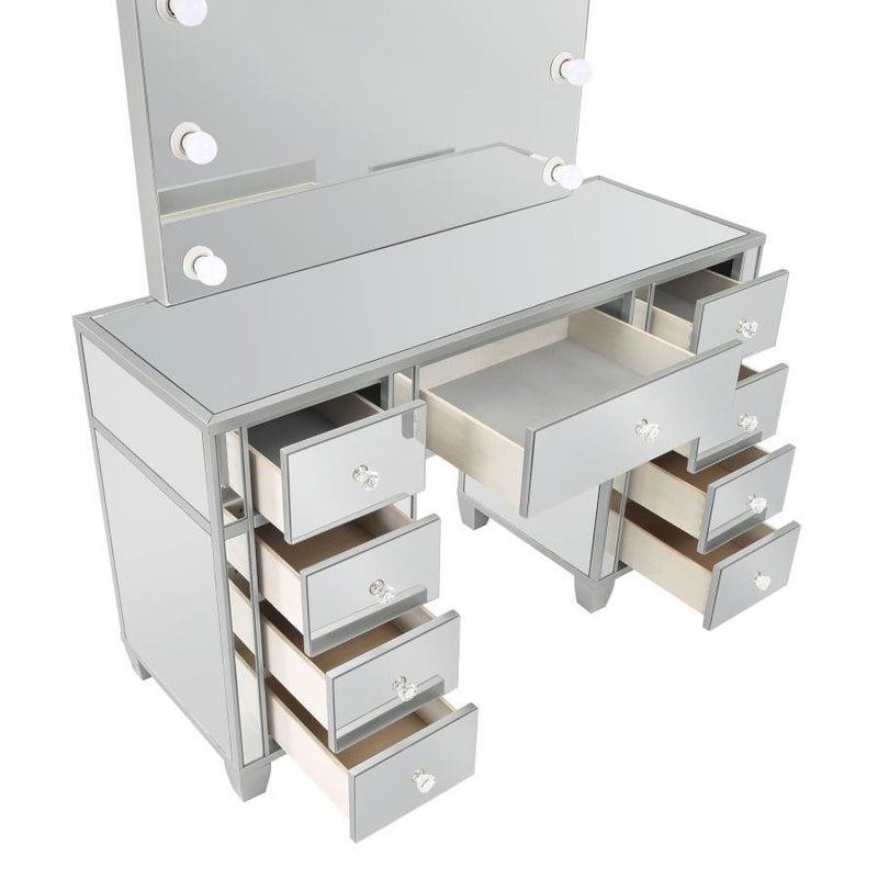 Allora - 9-Drawer Vanity Set With Lighting - Metallic Silver