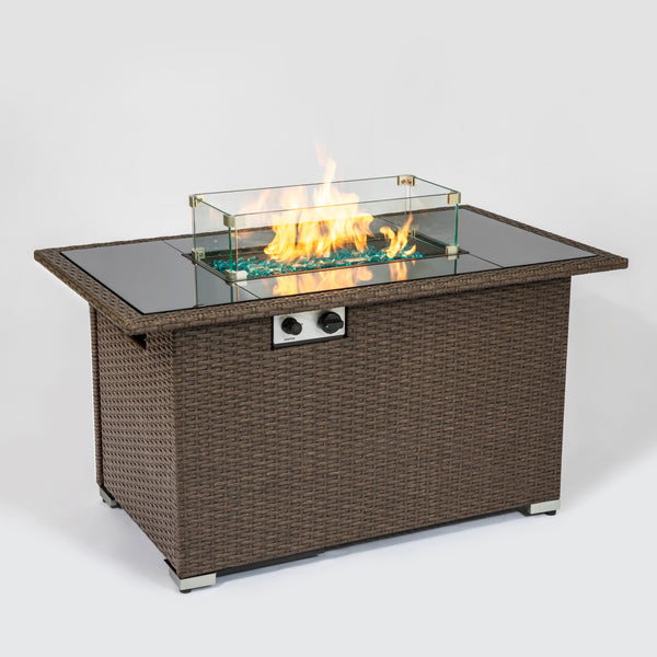 Outdoor 44" Propane Fire pit  Table  Rectangle  50,000 BTU with  8mm Tempered Glass Tabletop & Blue Stone& Steel table lid &Table waterproof dusty Cover ,ETL Certification (Brown)