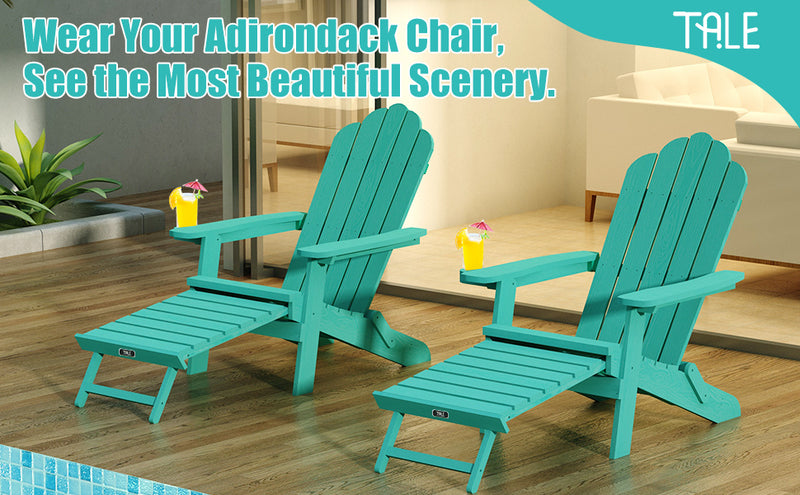 TALE Folding Adirondack Chair with Pullout Ottoman with Cup Holder, Oversized, Poly Lumber,  for Patio Deck Garden, Backyard Furniture, Easy to Install,GREEN. Banned from selling on Amazon