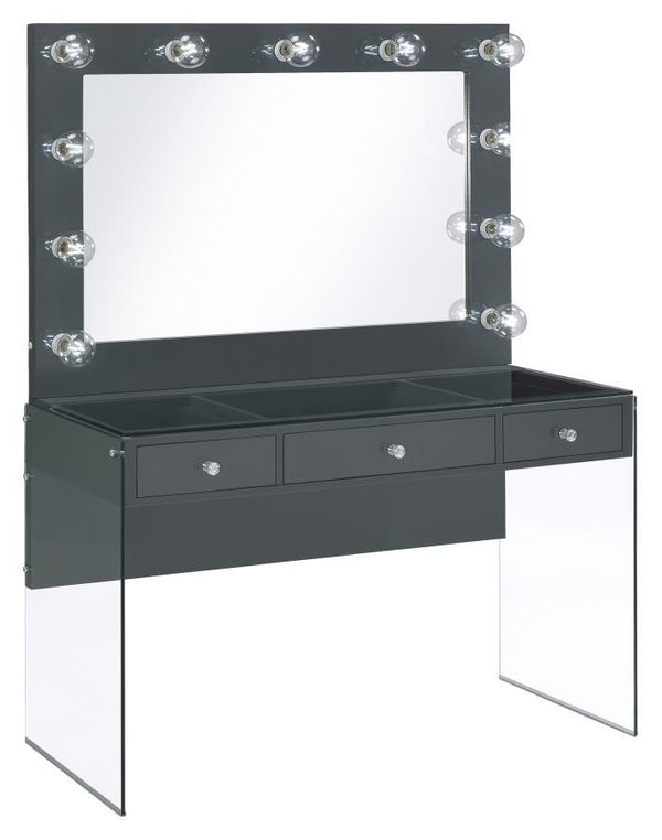 Afshan - 3-Drawer Vanity Set With Lighting - Gray High Gloss - Atlantic Fine Furniture Inc