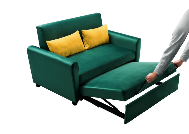 [VIDEO provided]55" Modern Velvet Sofa with Pull-Out Sleeper Bed with 2 Pillows Adjustable Backrest for Small Spaces Green