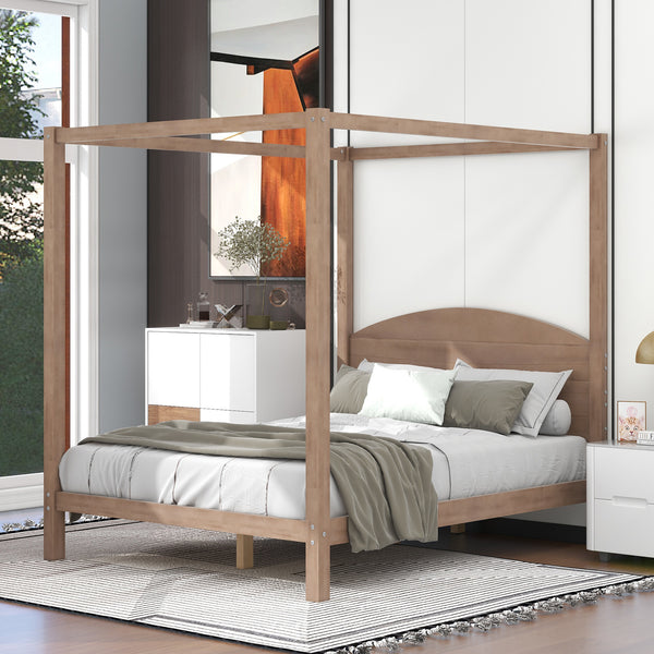 Queen Size Canopy Platform Bed with Headboard and Support Legs,Brown Wash