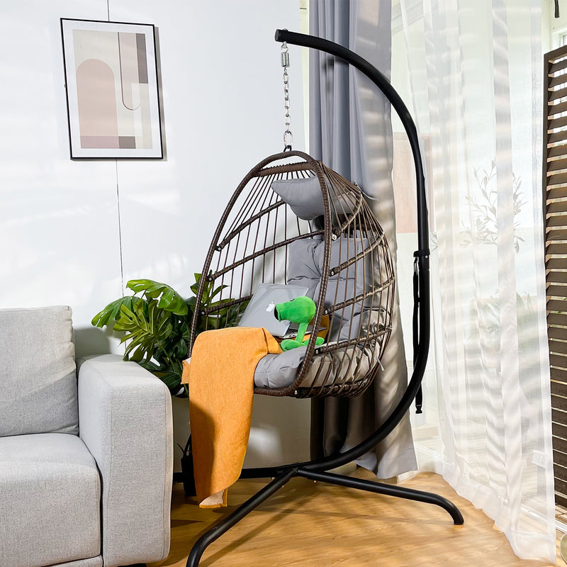 Swing Egg Chair with Stand Indoor Outdoor Wicker Rattan Patio Basket Hanging Chair with C Type bracket , with cushion and pillow,Patio Wicker folding Hanging Chair