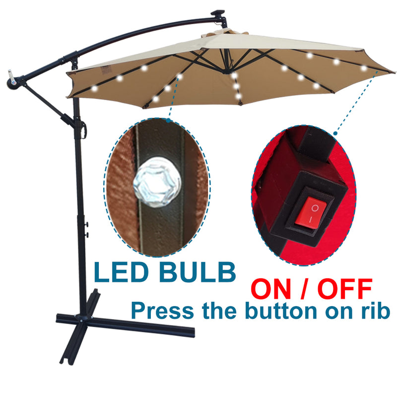 Tan 10 ft Outdoor Patio Umbrella Solar Powered LED Lighted Sun Shade Market Waterproof 8 Ribs Umbrella with Crank and Cross Base for Garden Deck Backyard Pool Shade Outside Deck Swimming Pool