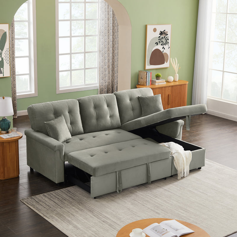 Velvet Reversible Sectional Sofa with Pull Out sleeper, L-Shaped Couch Chaise with Storage For Living Room & Apartment