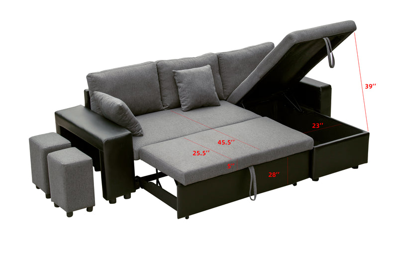 Artemax 92.5“Linen Reversible Sleeper Sectional Sofa with storage and 2 stools Steel Gray