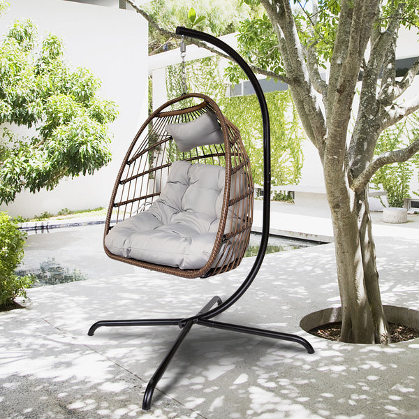 Swing Egg Chair with Stand Indoor Outdoor Wicker Rattan Patio Basket Hanging Chair with C Type bracket , with cushion and pillow,Patio Wicker folding Hanging Chair