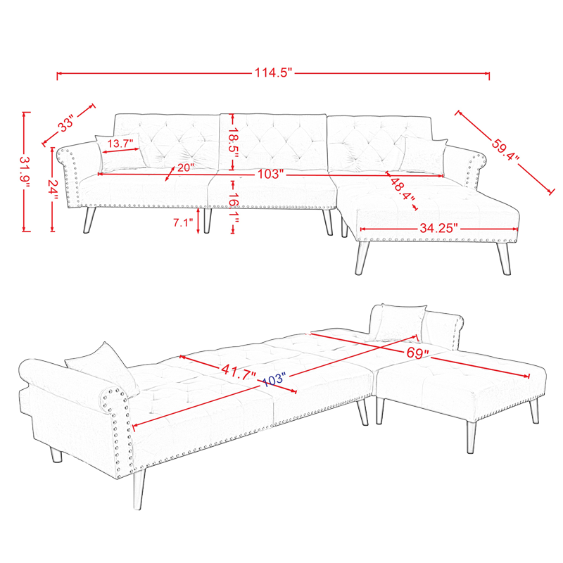 Convertible Sofa bed sleeper light grey velvet