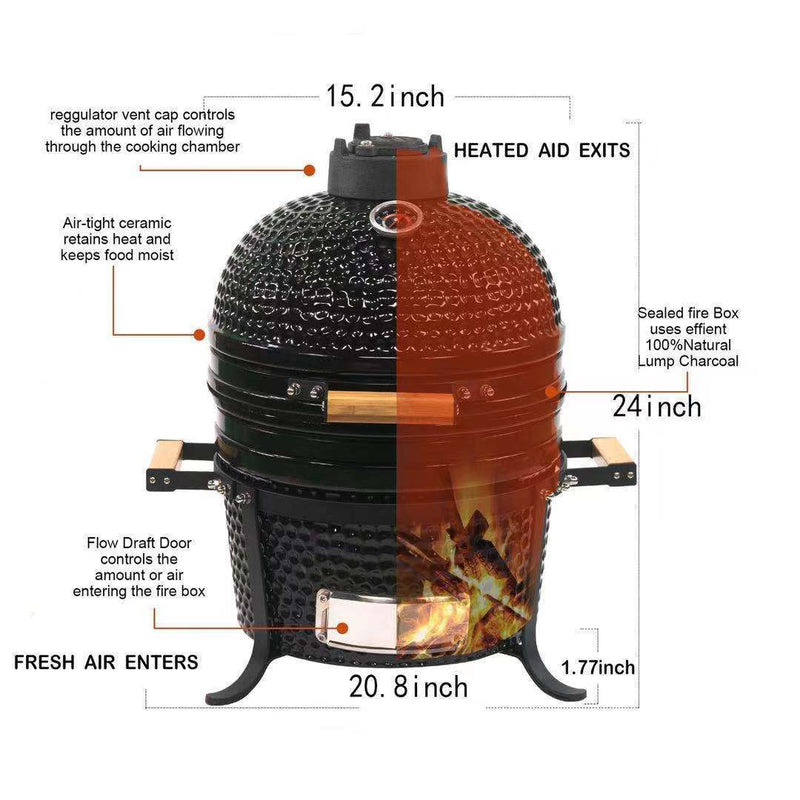 TOOPO 15 Inch Mini Kamado Grill Garden Ceramic Grills BBQ Smoker without Side Table-METTE BLACK