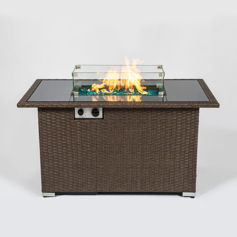 Outdoor 44" Propane Fire pit  Table  Rectangle  50,000 BTU with  8mm Tempered Glass Tabletop & Blue Stone& Steel table lid &Table waterproof dusty Cover ,ETL Certification (Brown)