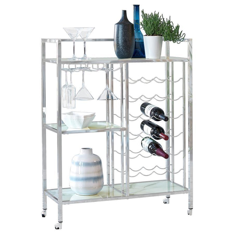 Derion - 3-Tier Rectangular Glass Shelf Metal Bar Cart - Chrome